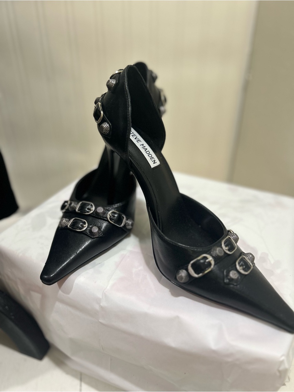 Steve Madden Black Pointed Buckle Pump with Silver Studs